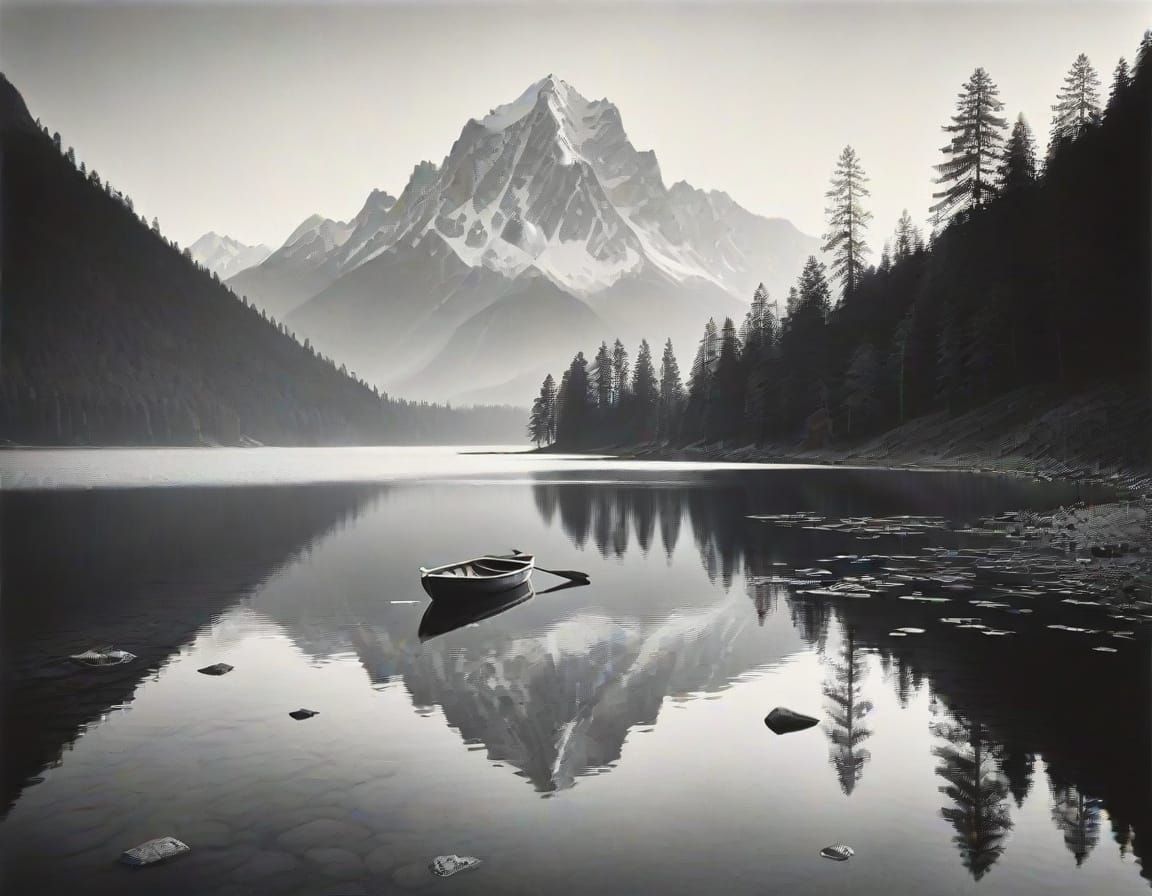 Mountain lake, in the style of Michael Kenna.
