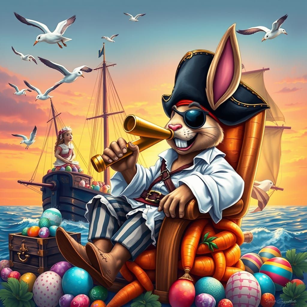 Jovial Pirate Easter Bunny Reigns Over Vibrant Treasure Trov...