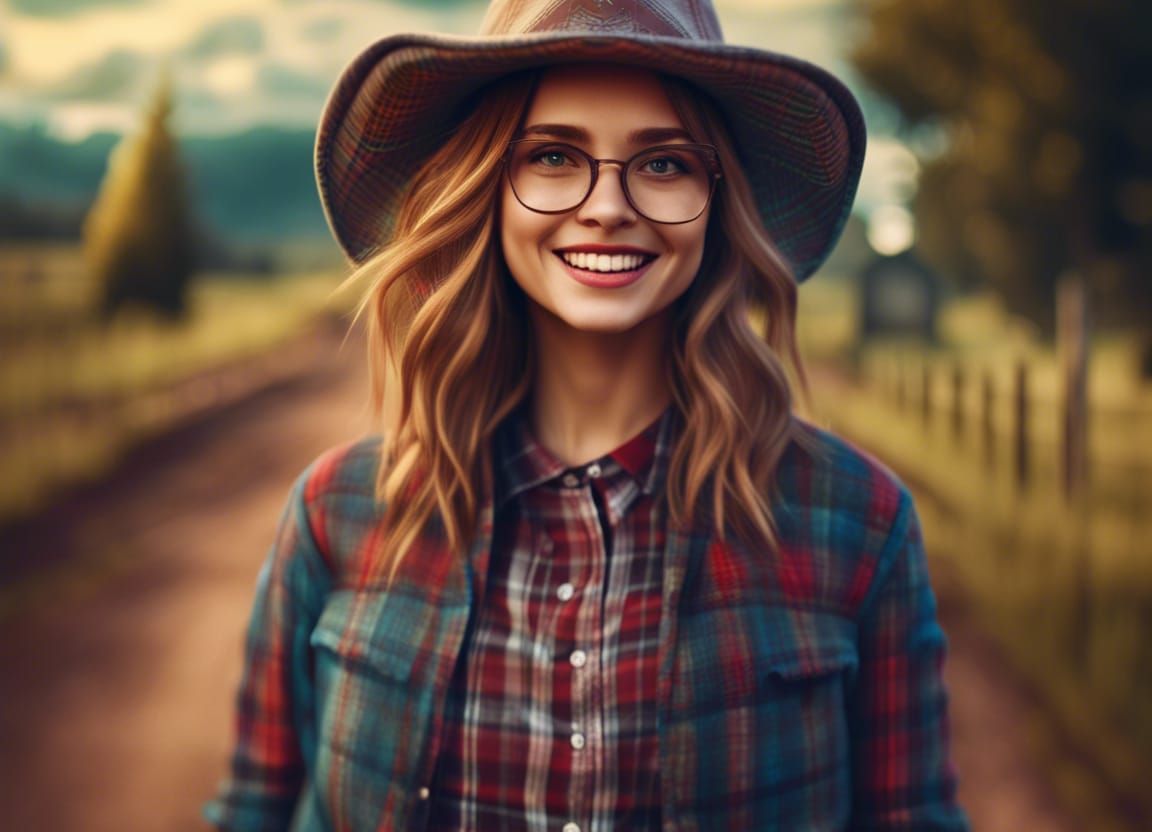 Hipster Girl on Country Road: Detailed Matte Painting