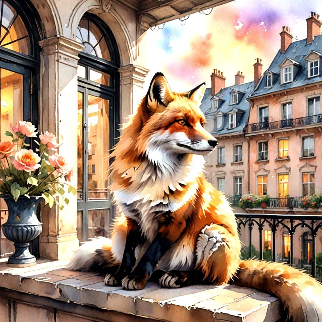 Majestic Fox Lounging on Balcony in Watercolor Style