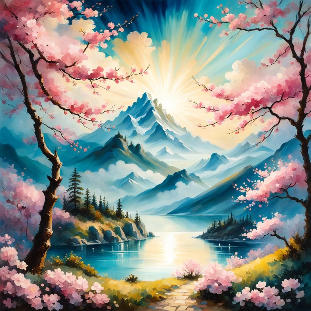 Cherry Blossom Landscape in Romantic Naturalism Style