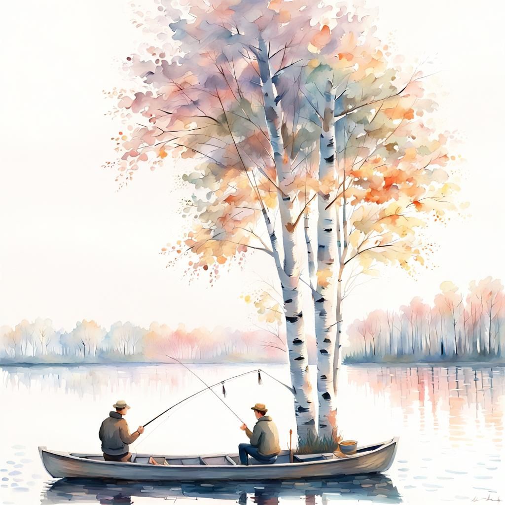 Father and Son Fishing: Pastel Watercolor Impressionism