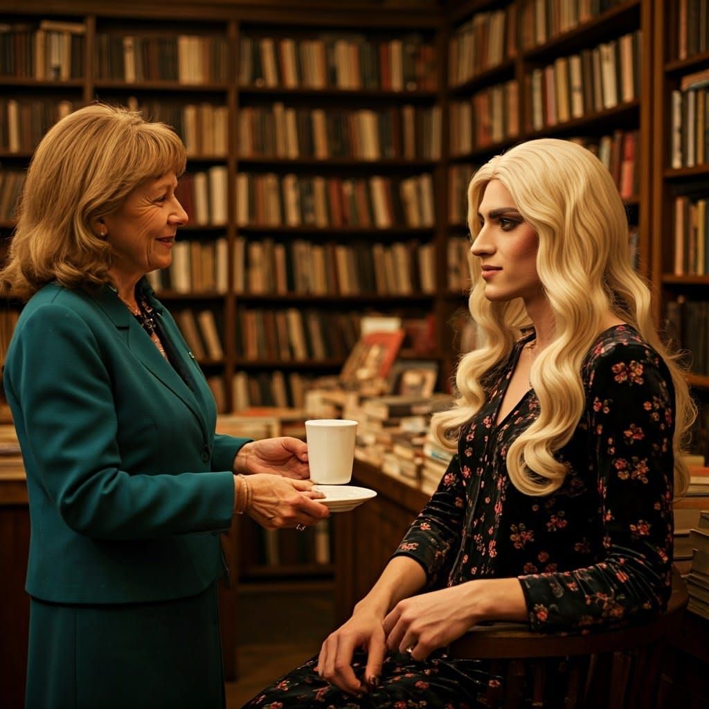 Cozy Bookshop Scene: Bookseller Serves Hot Chocolate
