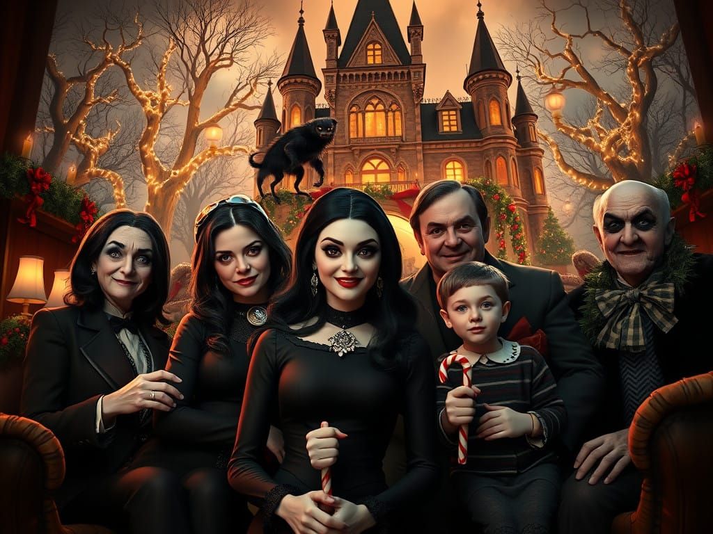 The Enigmatic Addams Family Gathered in a Whimsical Christma...