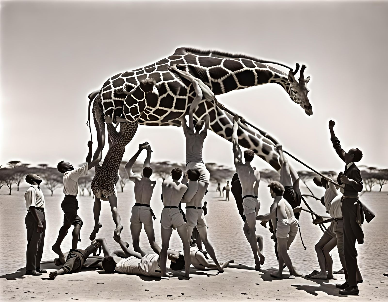 Several People climbing over a giraffe. Black and white phot...