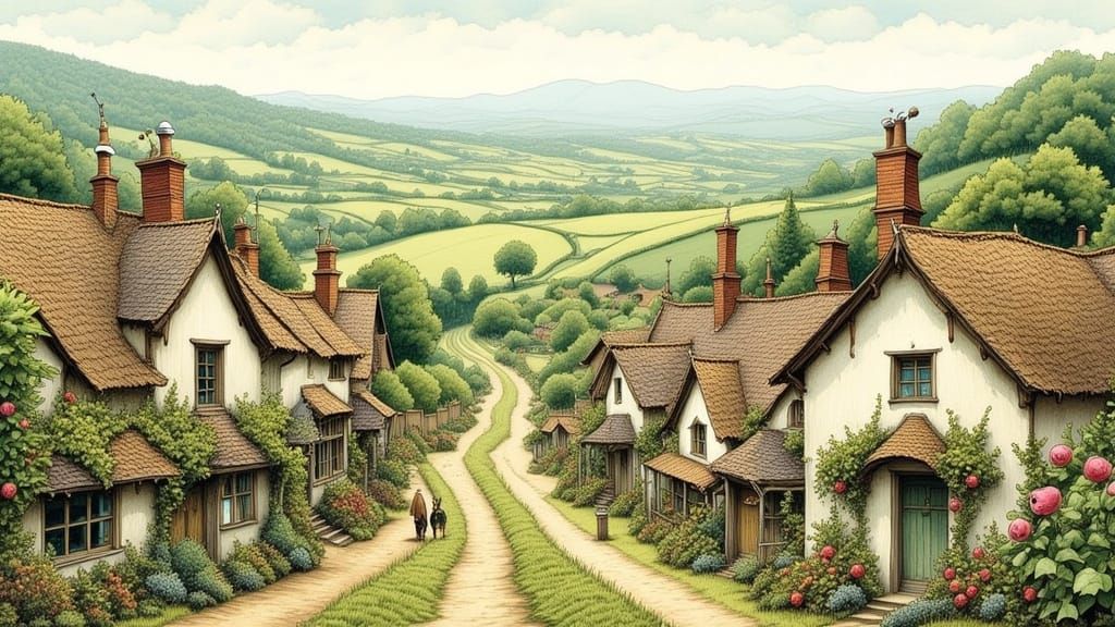 Whimsical Village in Watercolor Style