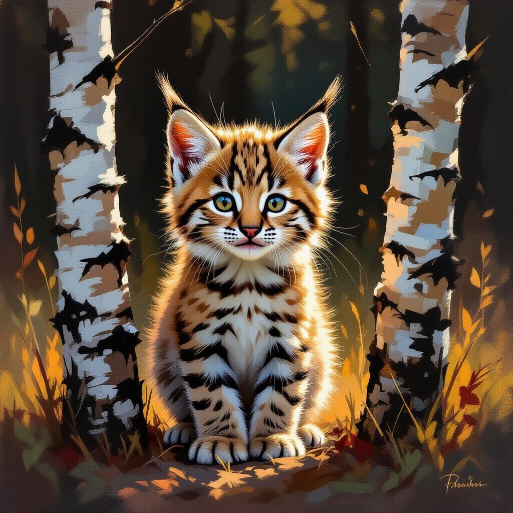 Baby Bobcat in Forest: A Painterly Impression