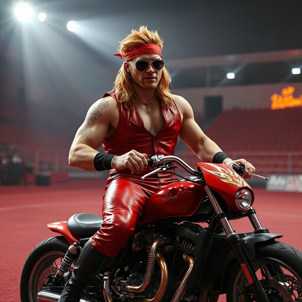 Cyberpunk Wrestler on Motorcycle in Smoky Arena