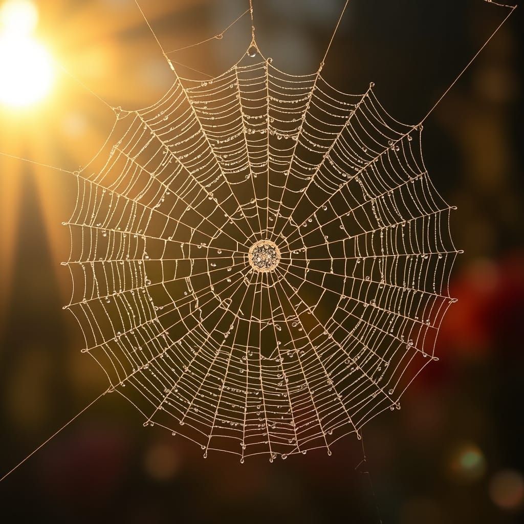 Ethereal Dew-Kissed Spider's Web in Warm Golden Light