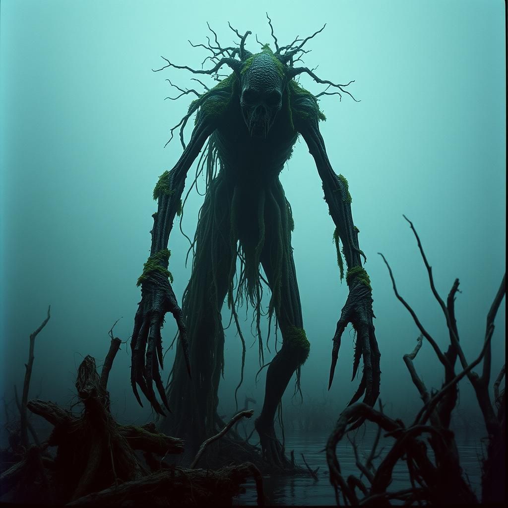 A terrifying humanoid creature, towering in height, rising f...