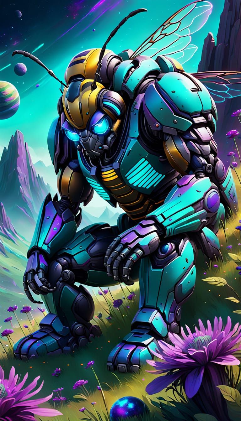 Giant Bumblebee in Cosmic Meadow, Digital Art