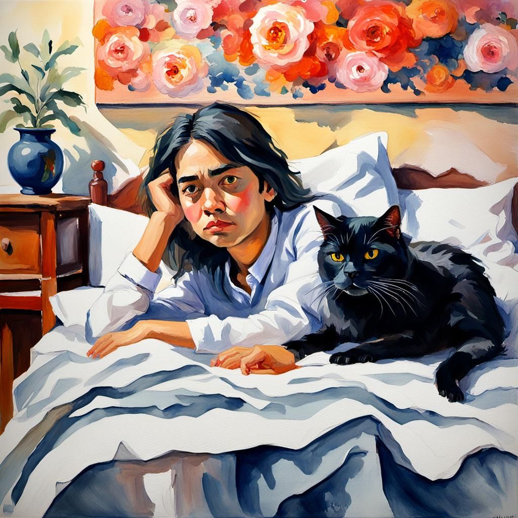 Jair acostado en su cama y su gata negro con blanco acostada...