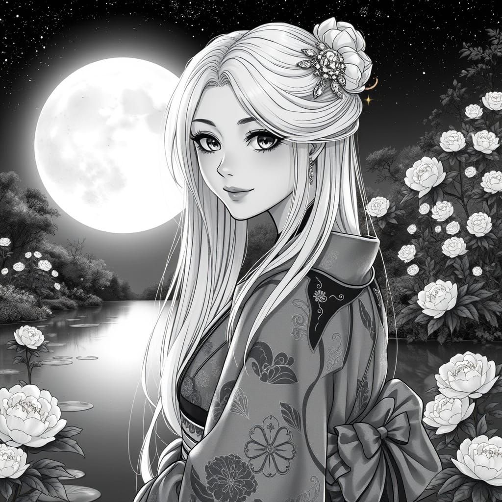 Serene Ukiyo-E Woman Under Full Moon