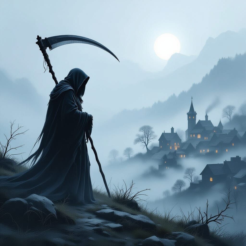 Grim Reaper Overlooks Misty Village in Medieval Art Style