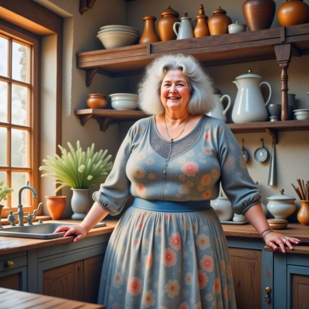 Grandmother Smiling in Sunlit Kitchen with Floral Dress
