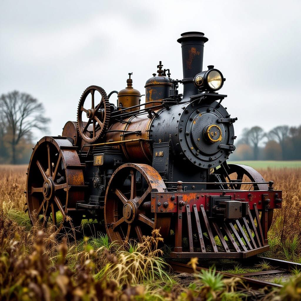 Antique Steam Engine Gears in Overgrown Field