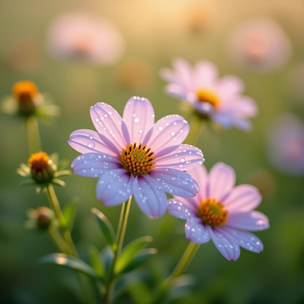 Glistening Wildflowers in Early Morning Sunlight