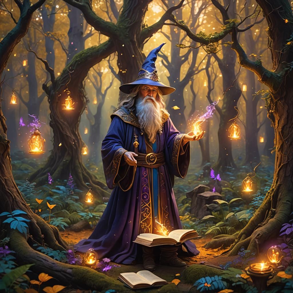Wizard Conjuring Magic in a Lush Forest