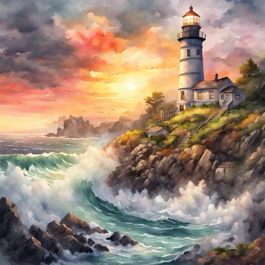 Coastal Lighthouse Sunset in Watercolor Painting