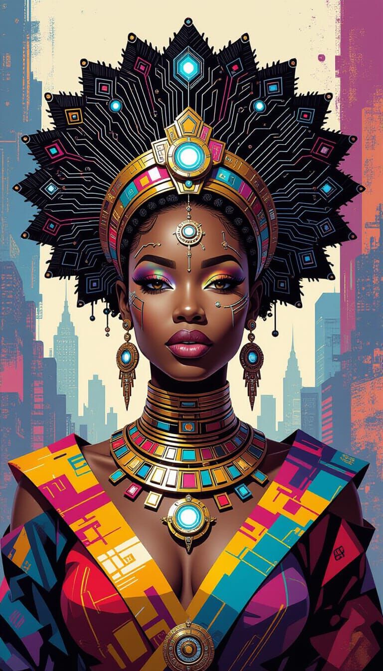 Regal African Queen in Afrofuturistic Cityscape