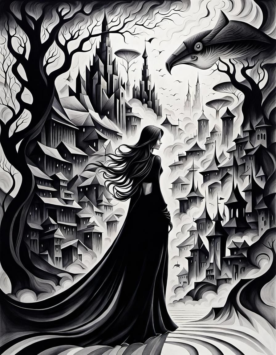 "hyperdetailed black ink drawing ethereal fantasy mist picaso Dall-E 3 infinite resolution contrasting colors black and ...