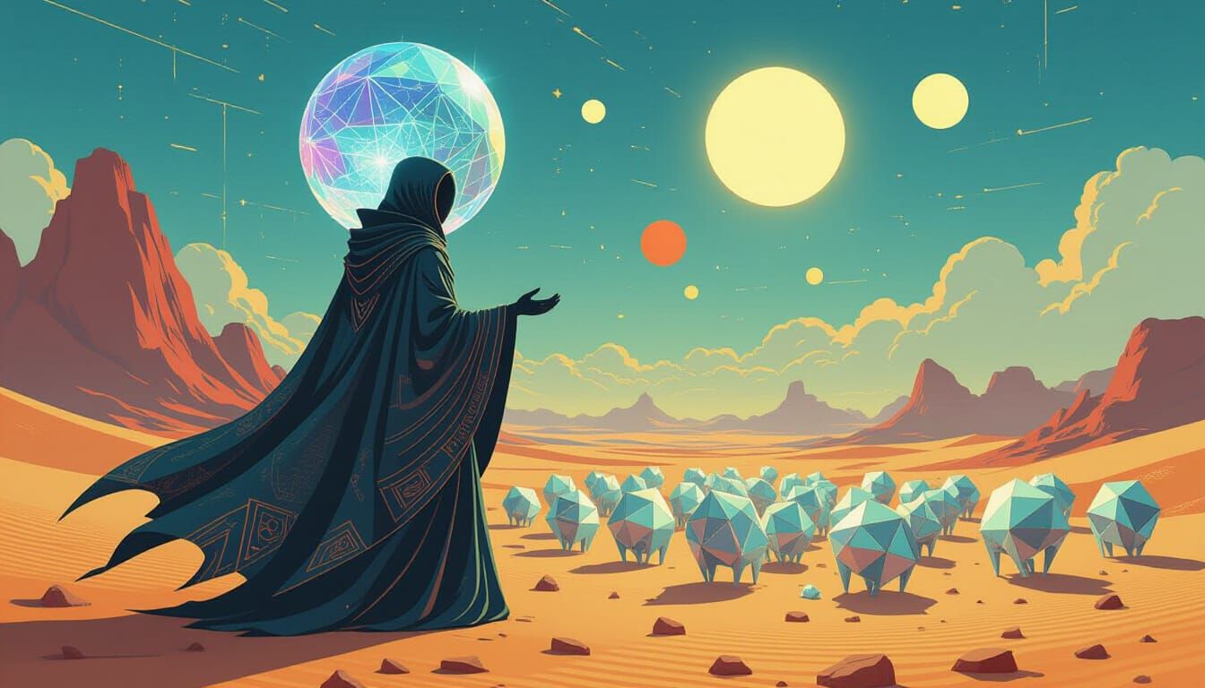 Alien Shepherd Guiding Geometric Flock in Surreal Landscape