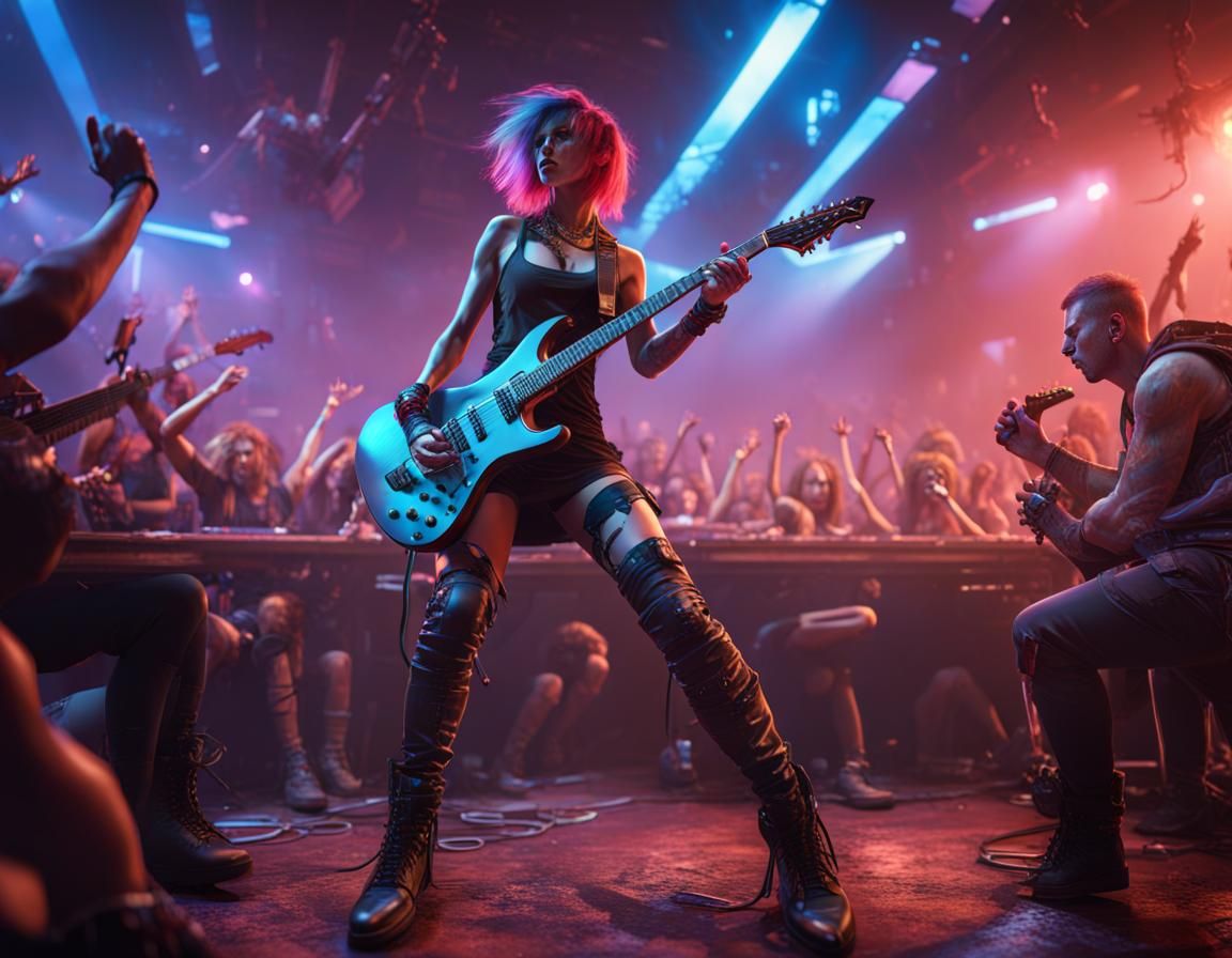 Cyberpunk Rocker Girl Performing on Bar Stage