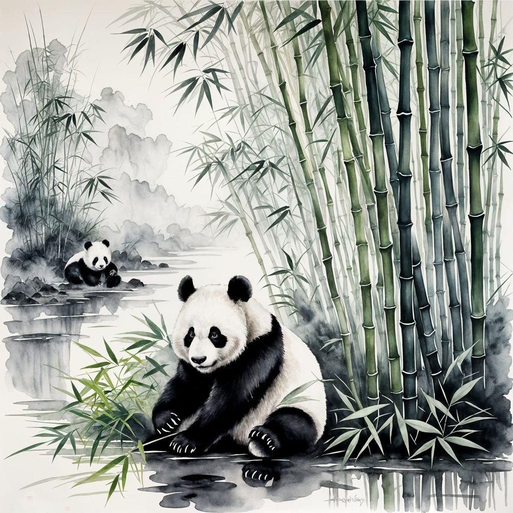 Pandas in Misty Bamboo Grove: Watercolor Painting