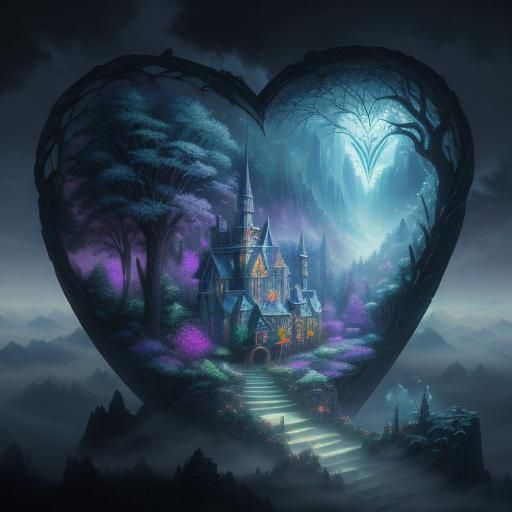 Ethereal Crystal Heart in Fantasy Landscape