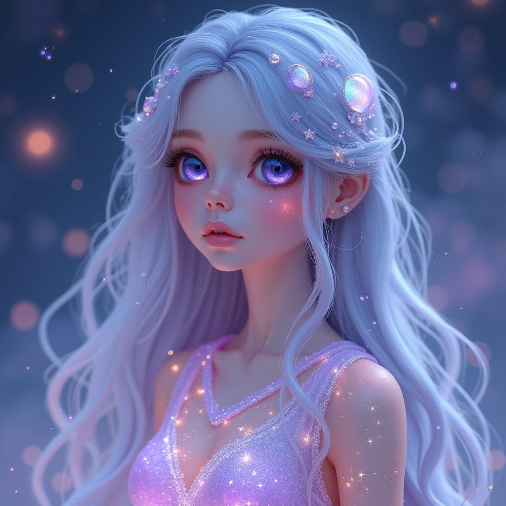 Glowing Celestial Goddess with Ethereal Makeup and Starry Sk...