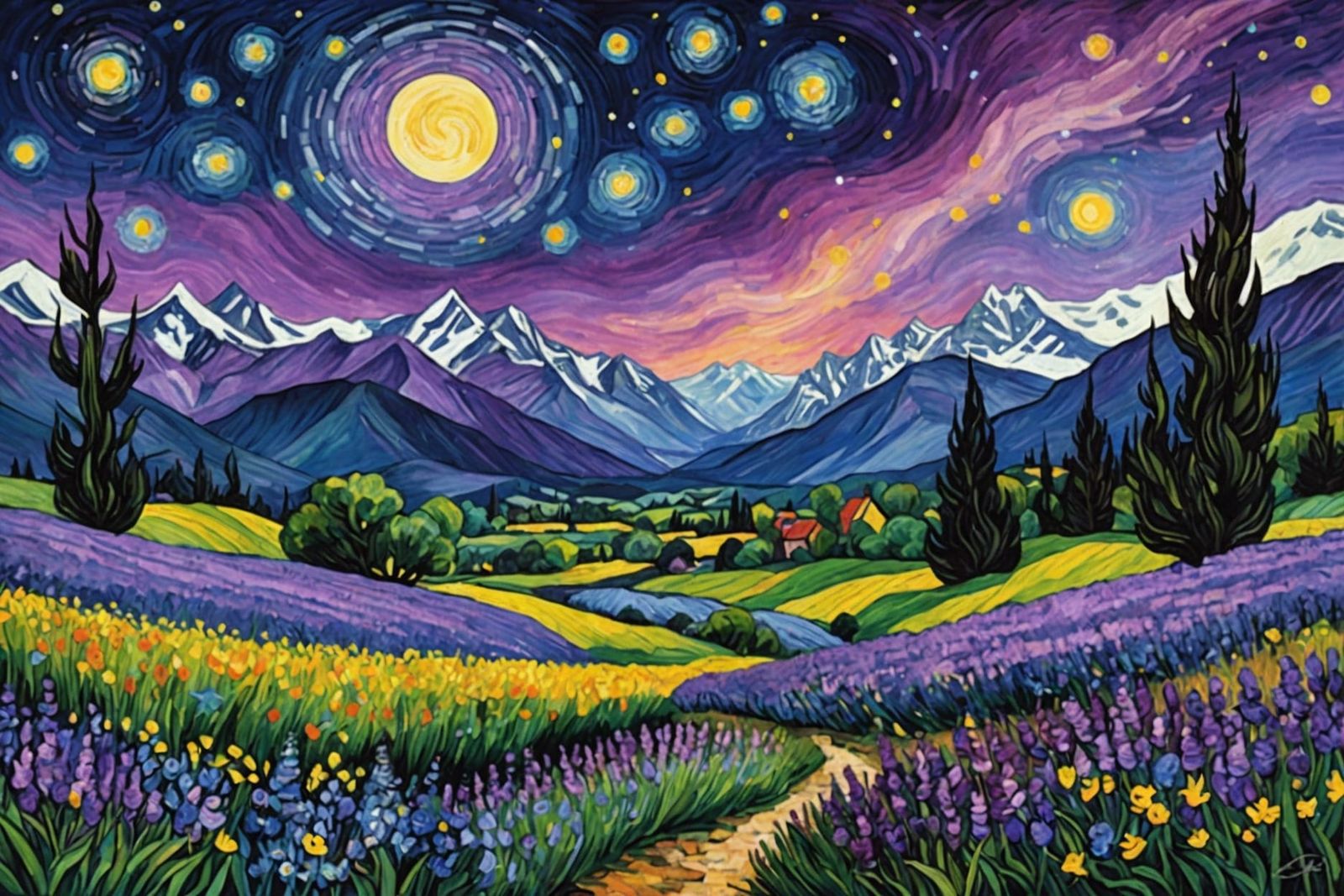 Colorful Gothic Field Under Starry Night Sky