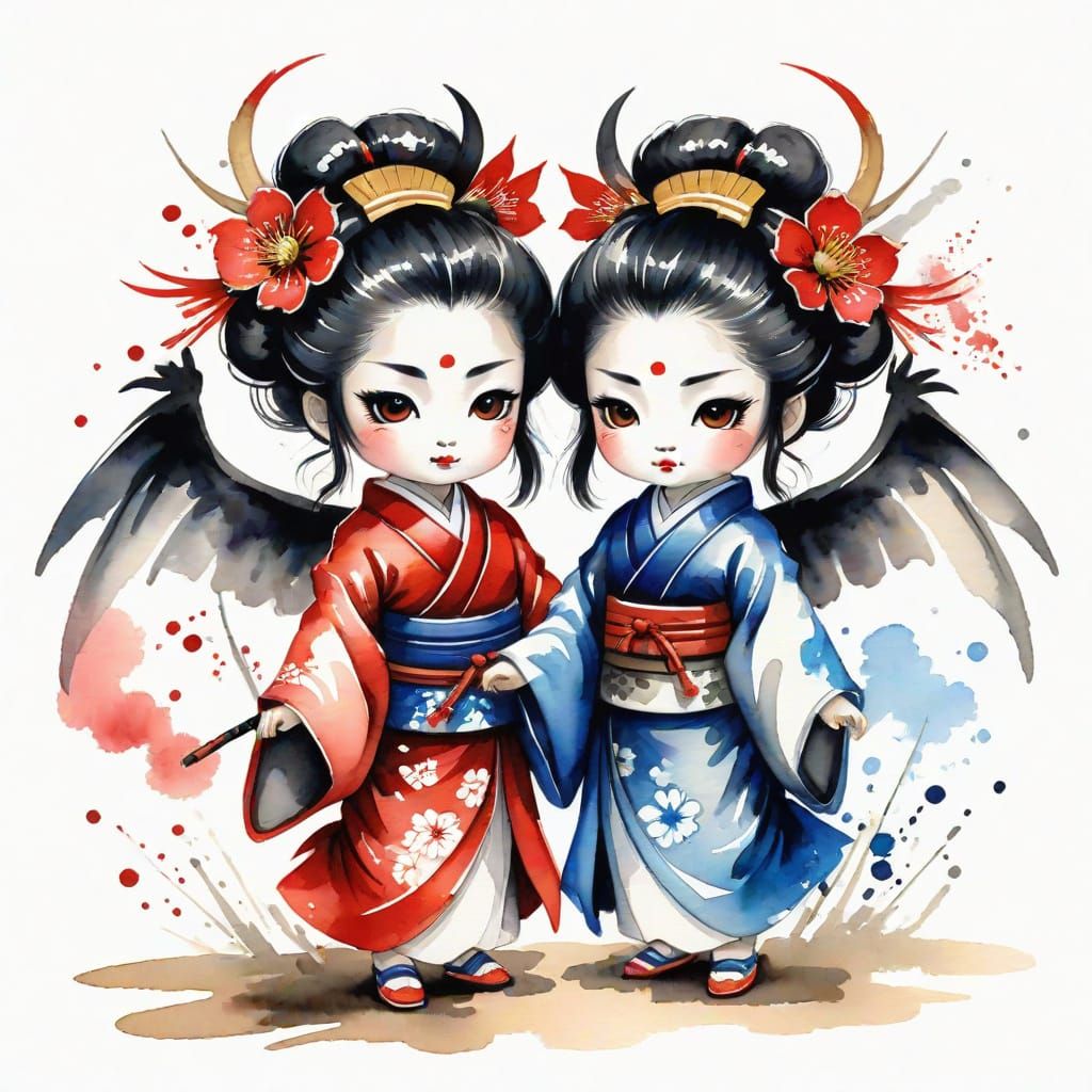 Winged Geisha Oni in Sumi-e Watercolor