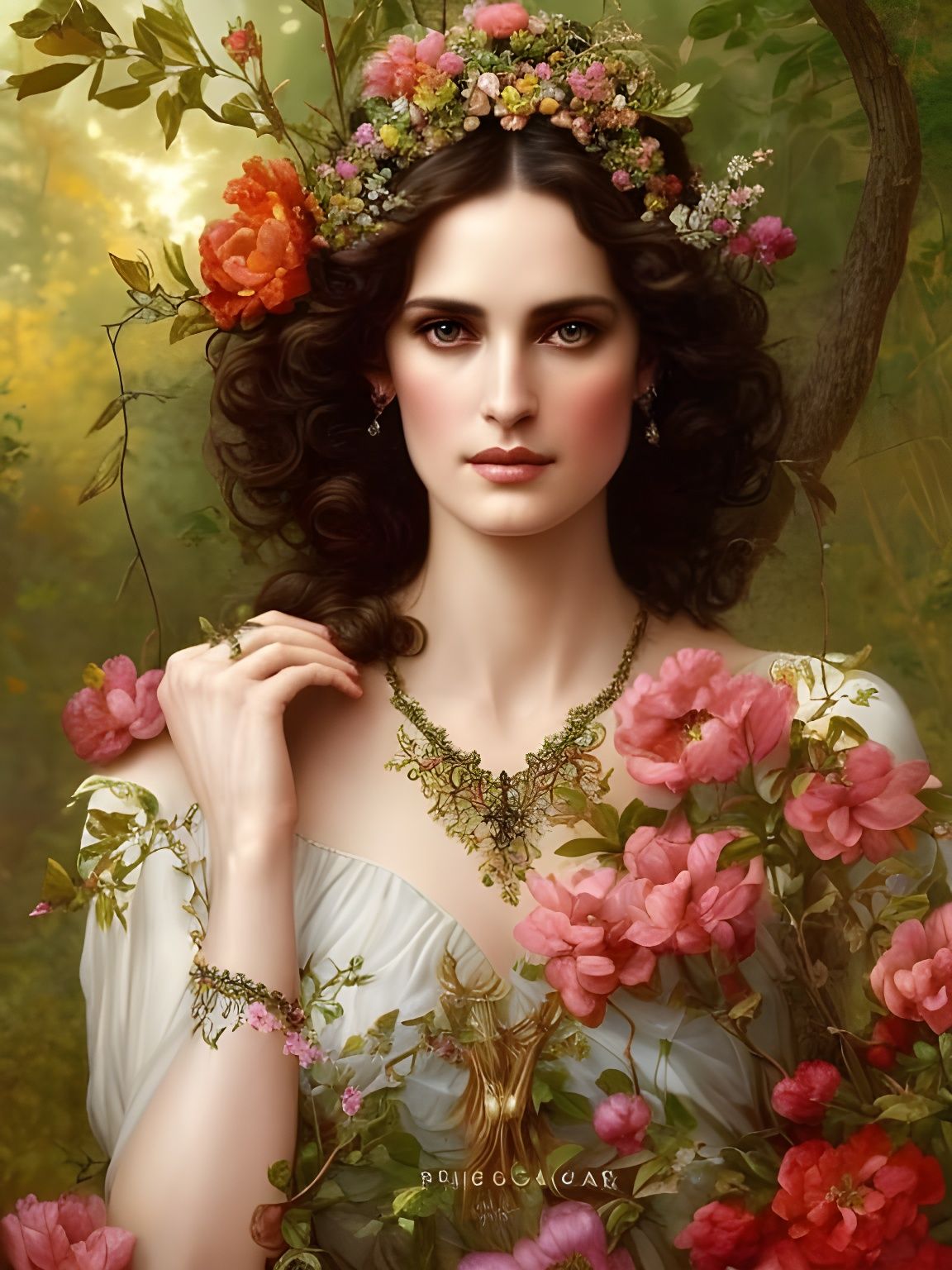 Epic Nature Goddess Portrait in Pre-Raphaelite Style