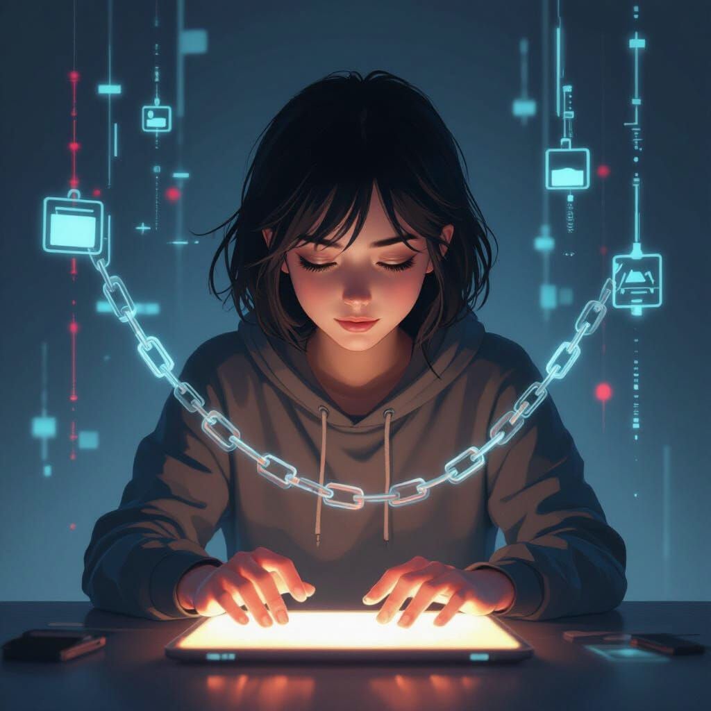 Figure Restrained by Digital Chains at Futuristic Tablet