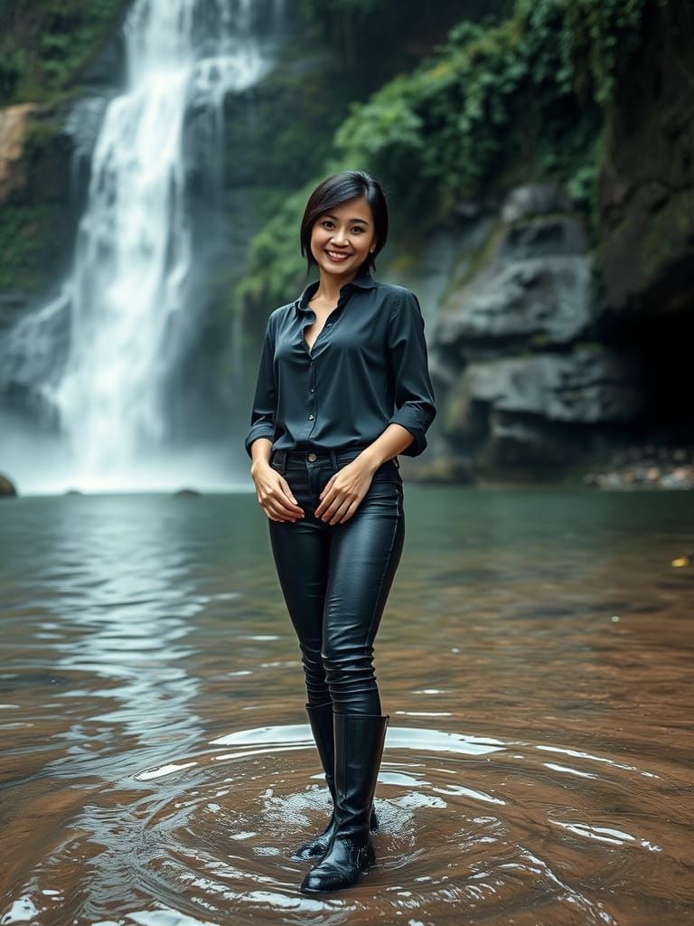 Thai Woman Smiles After Wading in Erawan Falls