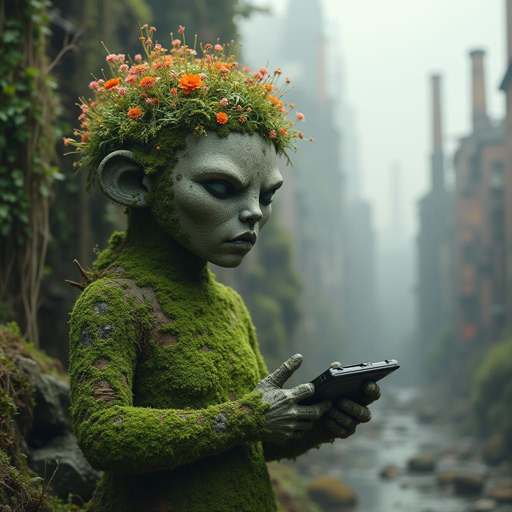 Moss-Covered Humanoid in Industrial Landscape
