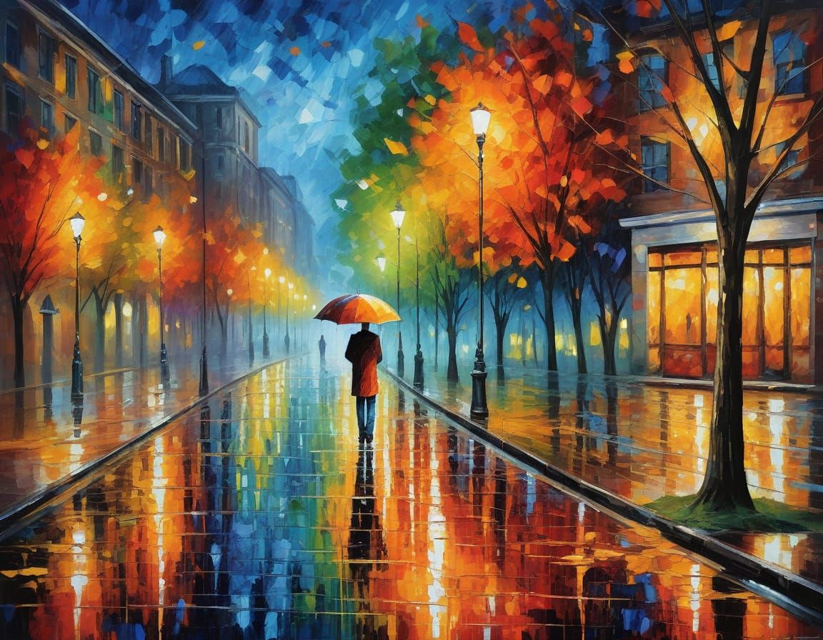 Vibrant Rainy Street Scene in Impressionist Style