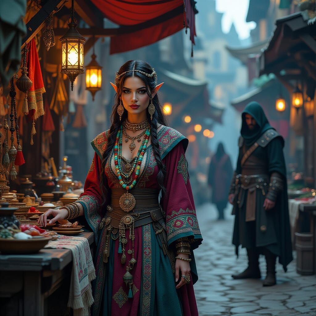 Elven Merchant in a Fantasy Black Market