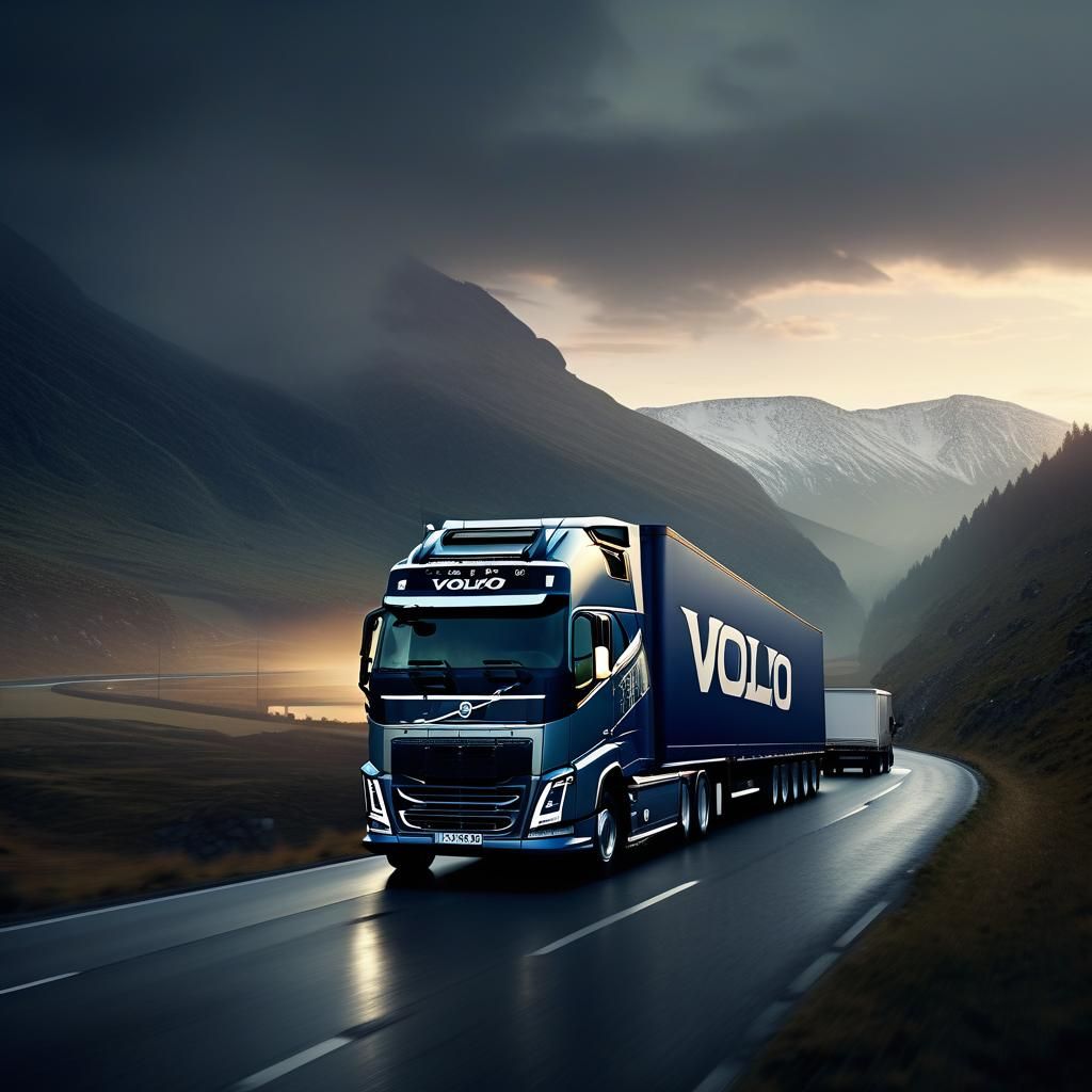 Volvo Truck in Misty Mountains, Cinematic Digital Art