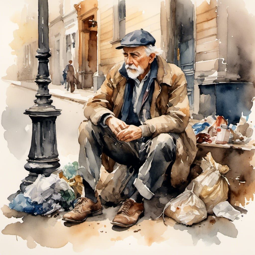 Melancholic Old Man in Antique Watercolor Style