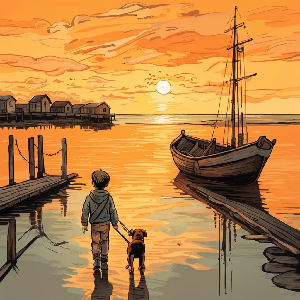 Boy and Dog: Van Gogh Style Wharf Scene