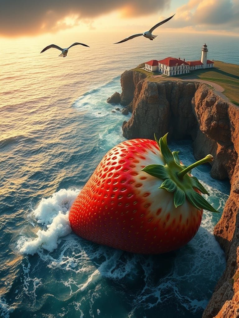 Giant Strawberry Against Rugged Headland at Sunset