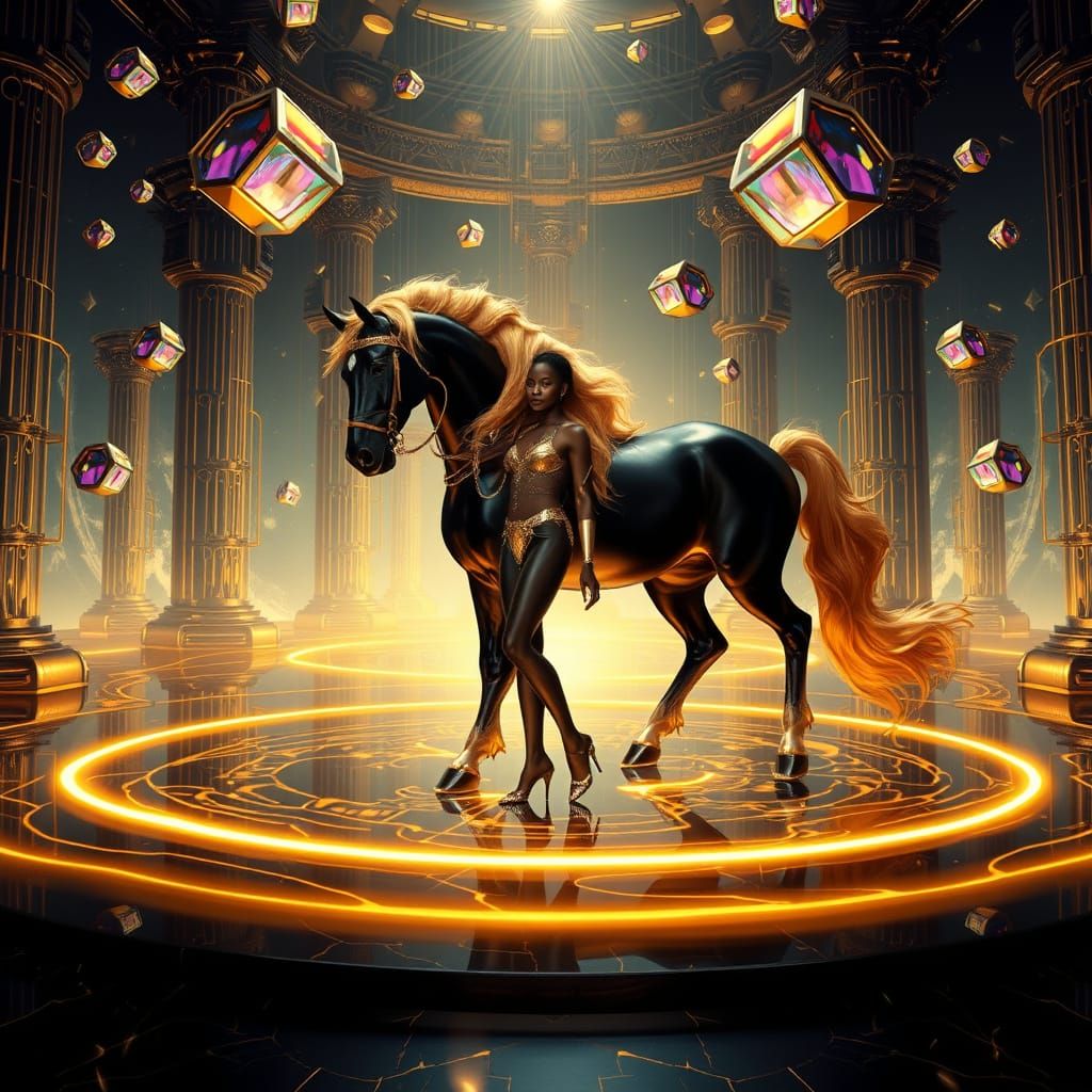 Elegant Black Horse with Golden Mane on Obsidian Platform