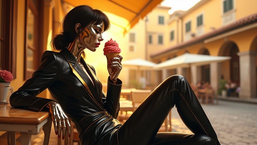 Divine Goddess Savoring Italian Ice Cream in a Renaissance P...