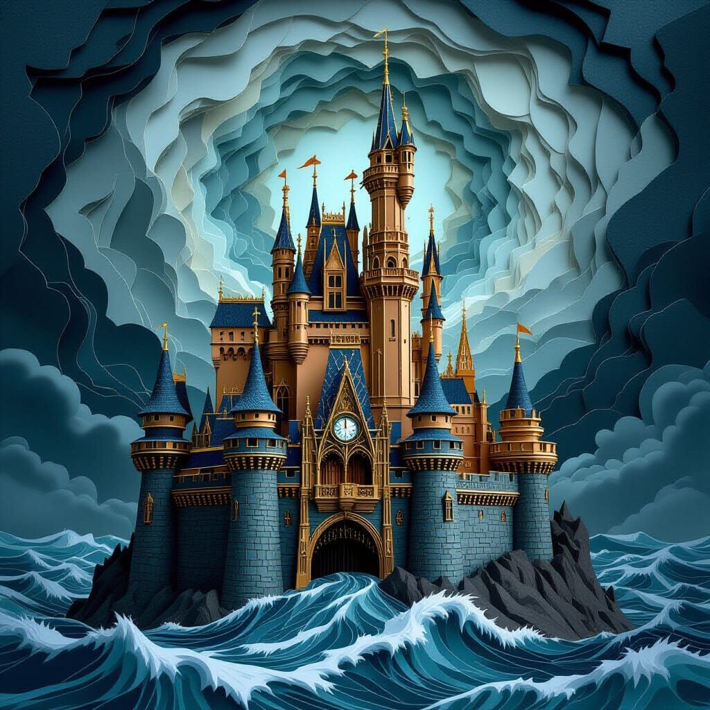 Paper Castle on Stormy Sea, Steampunk Style
