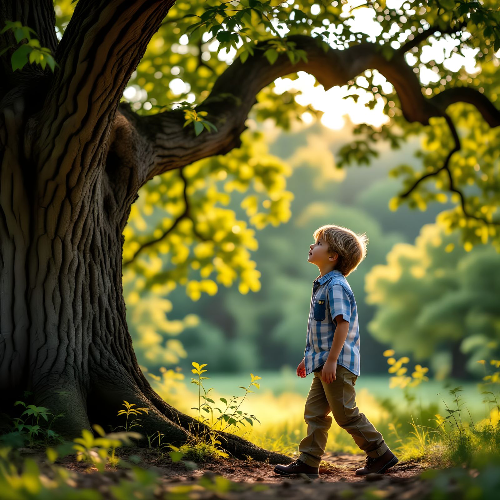 Boy Looks at Oak Tree: Professional Portrait Photography