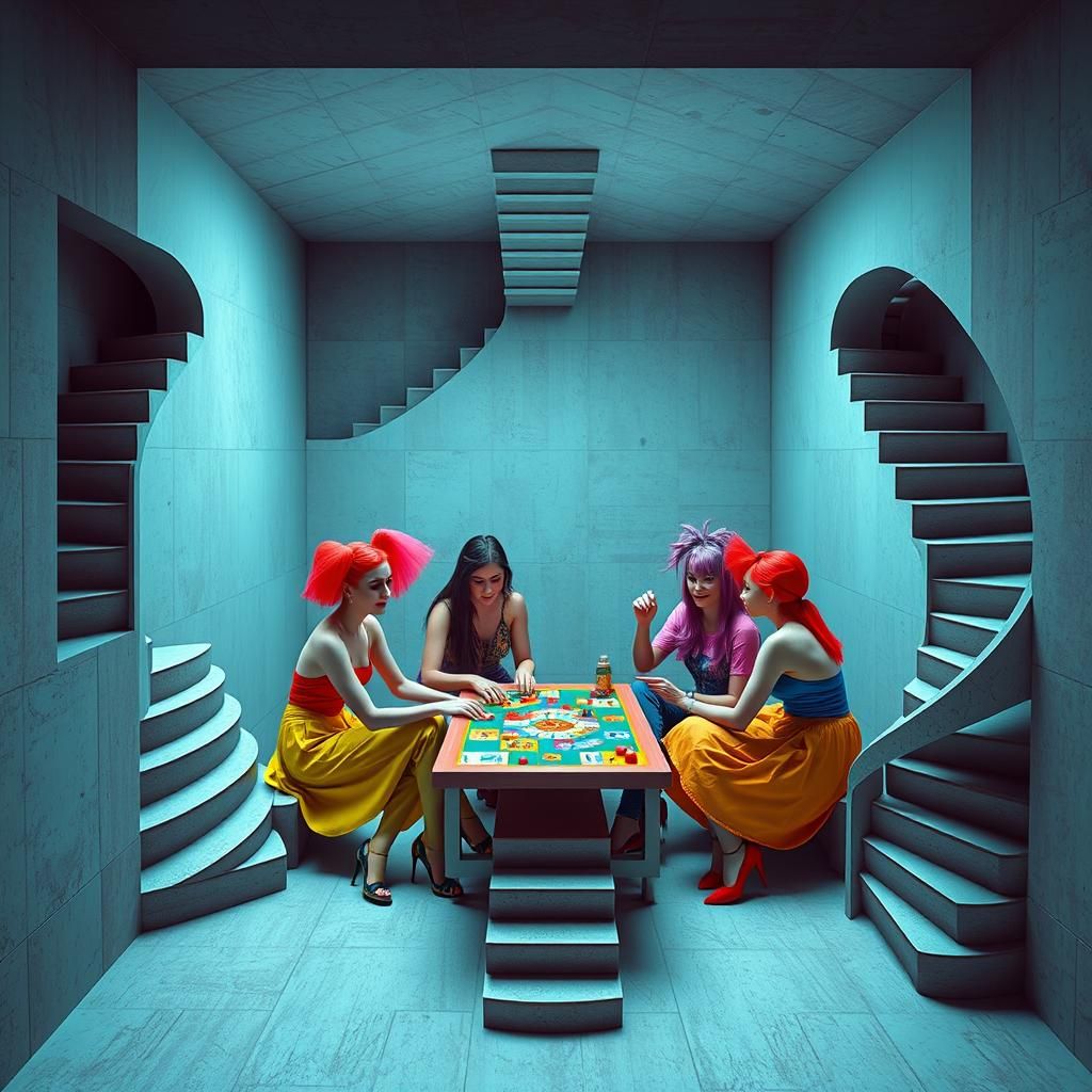 Friends Playing Board Game in Escher-Inspired Room