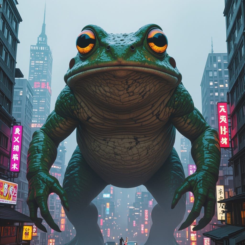 Tri-Eyed Frog Monster in Metropolis, Matte Painting