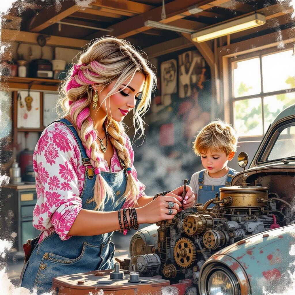 Steampunk Mechanic Woman and Son Repairing Car