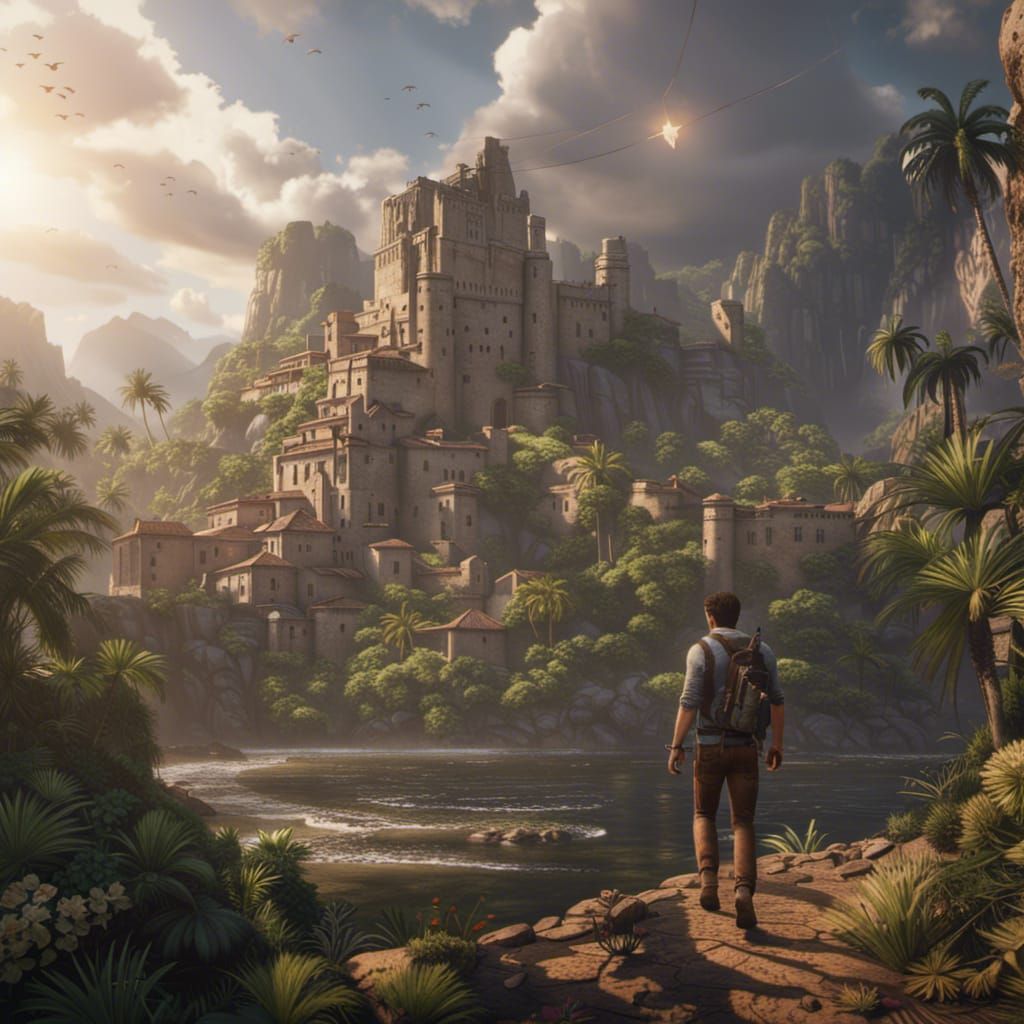 Hyperrealistic Nathan Drake in Uncharted Landscape